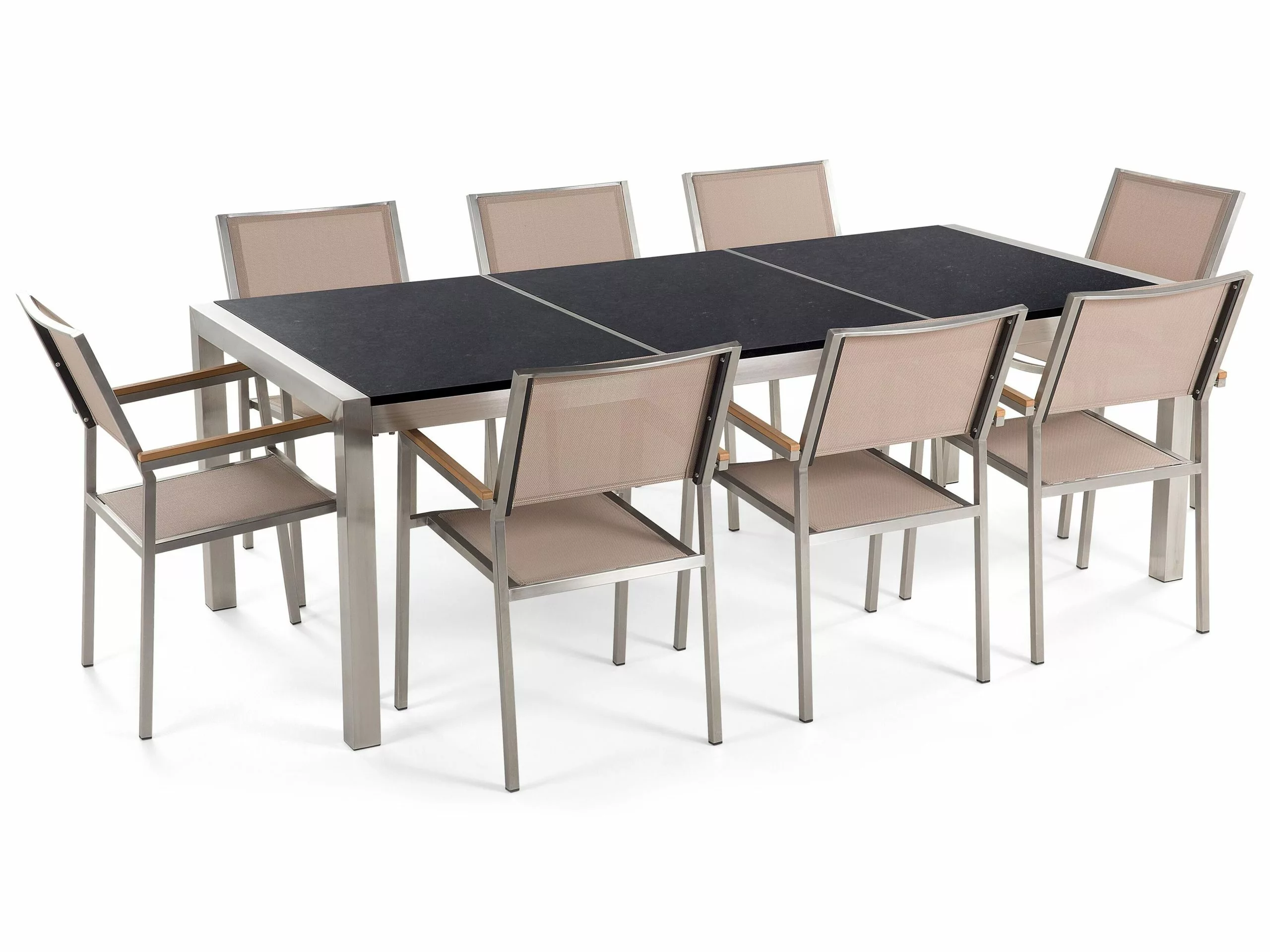 Beliani 8-istuttava Ulkoruokailuryhmä 3-osainen Graniittitaso Tekstiilituolit Musta/beige GROSSETO