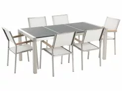 Beliani 6-istuttava Ulkoruokailuryhmä Poltettu Graniittitaso Tekstiilituolit Musta/valkoinen GROSSETO