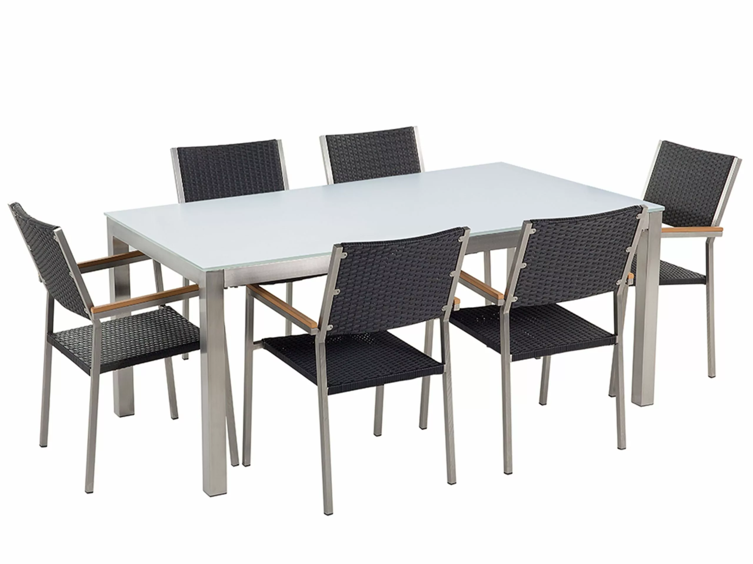 Beliani 6-istuttava Ulkoruokailuryhmä Lasitaso Polyrottinkituolit Valkoinen/musta GROSSETO