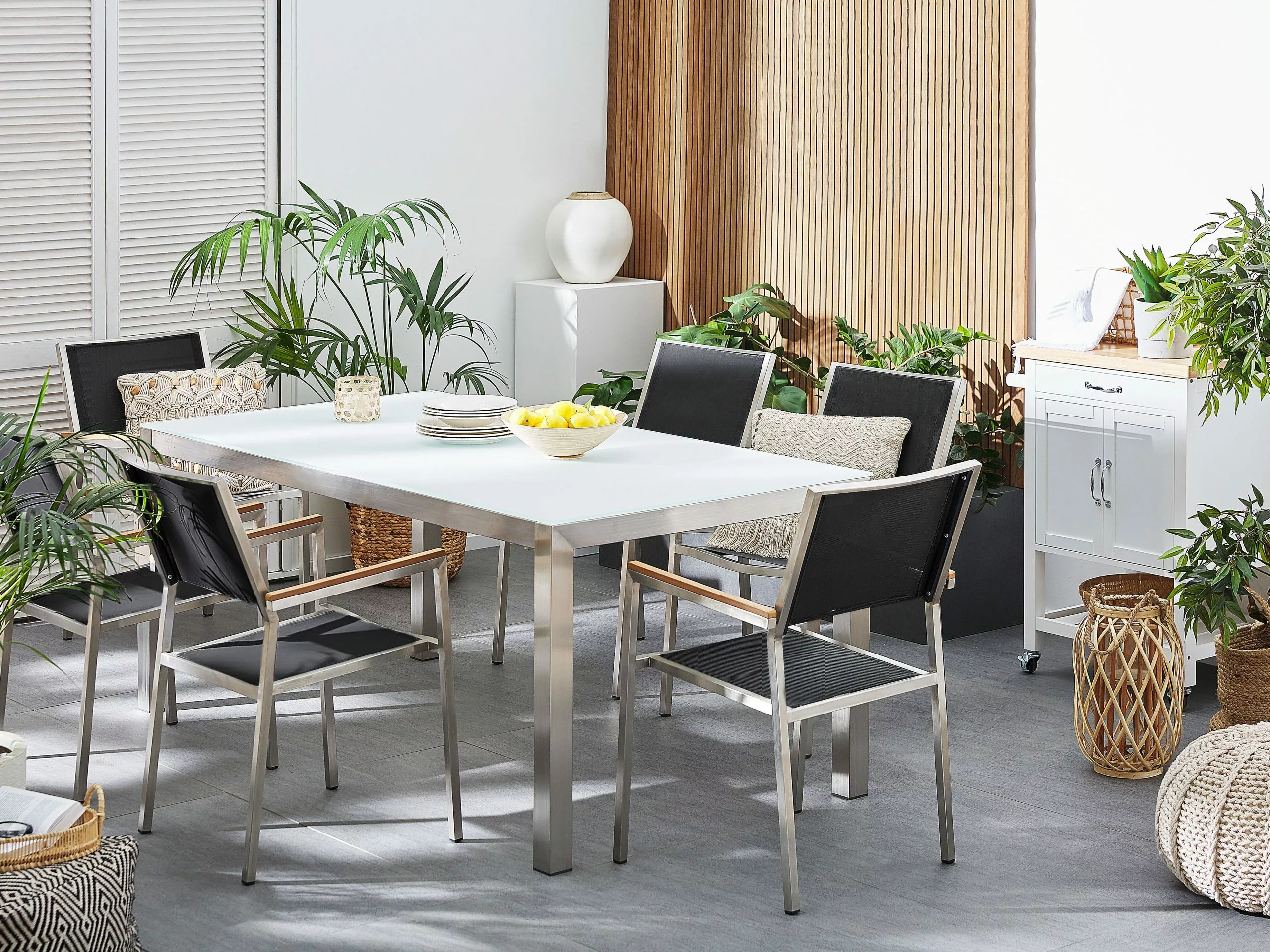 Beliani 6-istuttava Ulkoruokailuryhmä Valkoinen Lasitaso Tekstiilituolit Valkoinen/musta GROSSETO 2 Beliani 6-istuttava Ulkoruokailuryhmä Valkoinen Lasitaso Tekstiilituolit Valkoinen/musta GROSSETO - Image 2