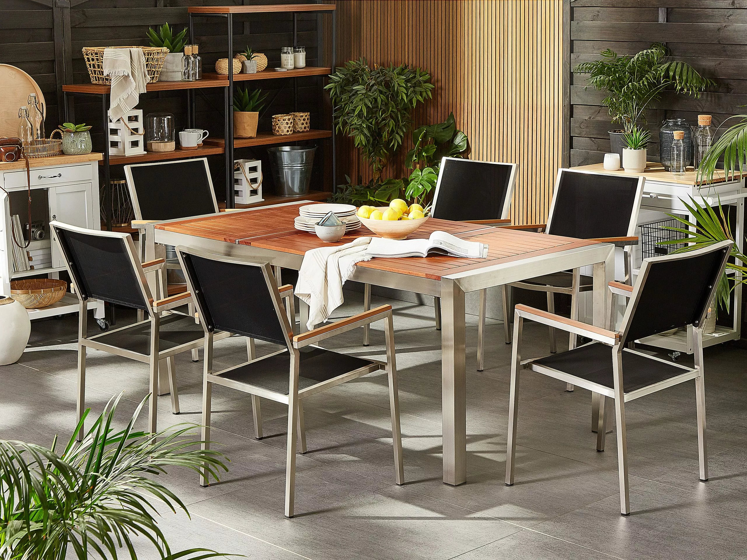 Beliani 6-istuttava Ulkoruokailuryhmä Eukalyptuspuutaso Tekstiilituolit Musta GROSSETO - Image 2