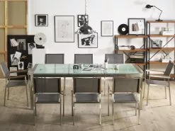 Beliani 8-istuttava Ulkoruokailuryhmä 3-osainen Lasitaso Tekstiilituolit Harmaa GROSSETO -Ulkokalusteet shop undef src sa picid 768739 type whitesh image scaled