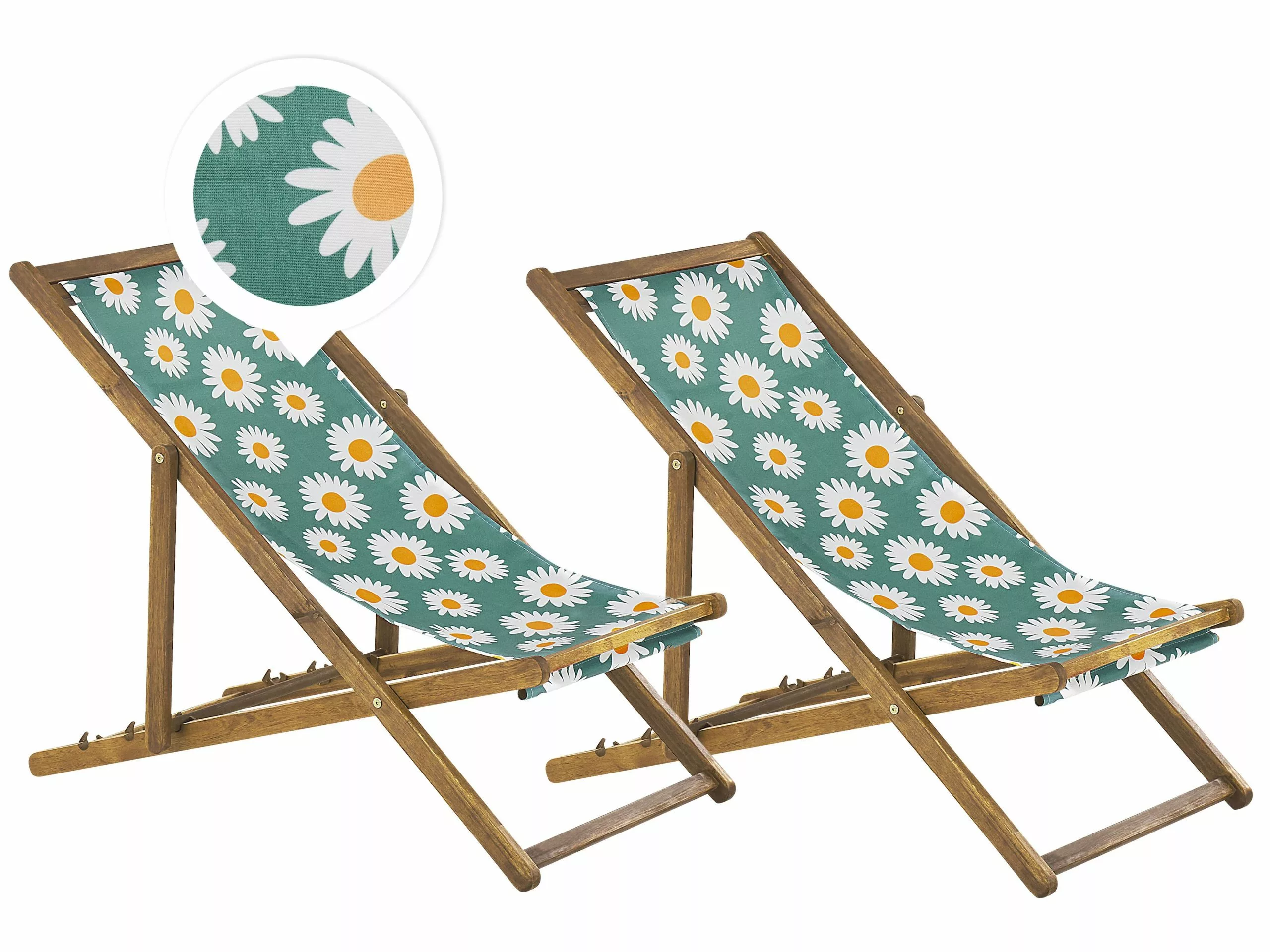 Beliani Vaalea Akaasiapuinen Aurinkotuoli Kamomillakuvioisella Kankaalla 2 Kpl ANZIO