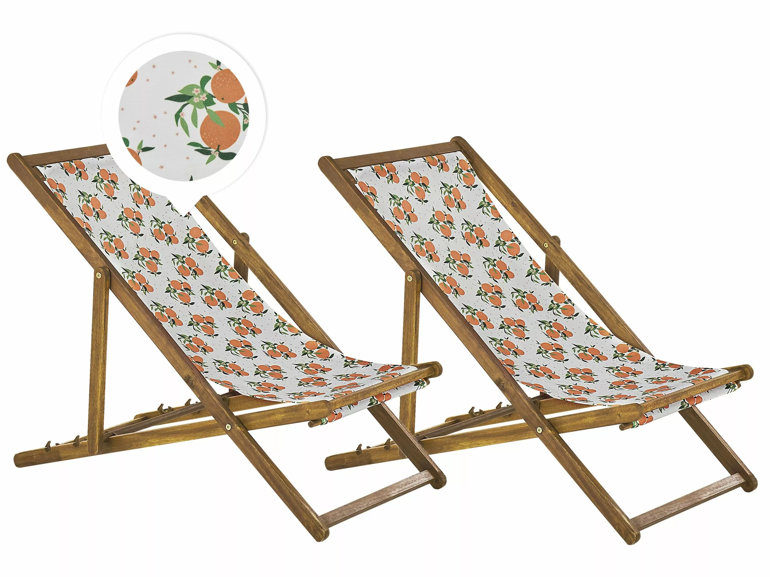 Beliani Vaalea Akaasiapuinen Aurinkotuoli Appelsiinikuvioisella Kankaalla 2 Kpl ANZIO 1 Beliani Vaalea Akaasiapuinen Aurinkotuoli Appelsiinikuvioisella Kankaalla 2 Kpl ANZIO