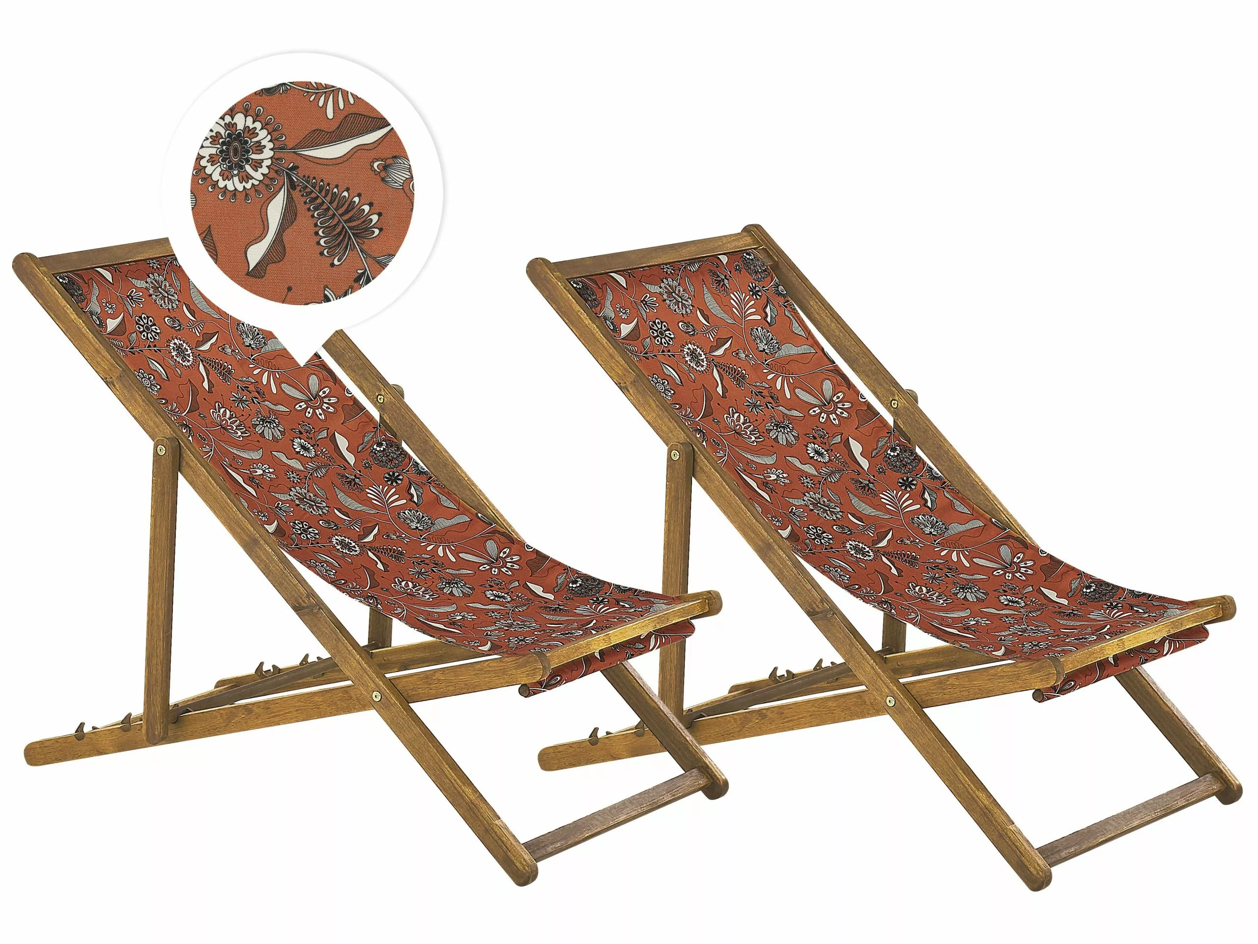 Beliani Vaalea Akaasiapuinen Aurinkotuoli Punaisella Kukkakuviokankaalla 2 Kpl ANZIO 1 Beliani Vaalea Akaasiapuinen Aurinkotuoli Punaisella Kukkakuviokankaalla 2 Kpl ANZIO