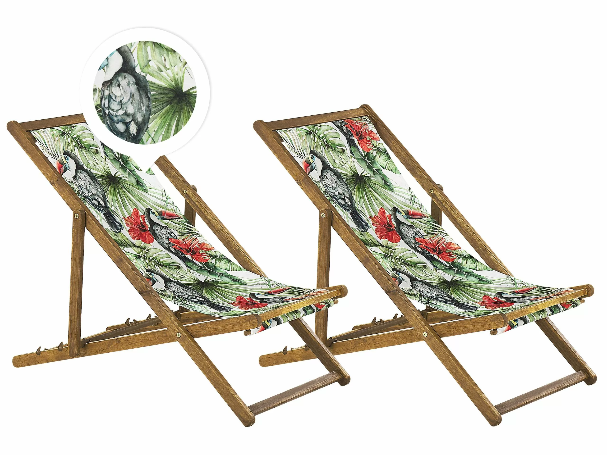 Beliani Vaalea Akaasiapuinen Aurinkotuoli Tukaanikuvioisella Kankaalla 2 Kpl ANZIO 1 Beliani Vaalea Akaasiapuinen Aurinkotuoli Tukaanikuvioisella Kankaalla 2 Kpl ANZIO