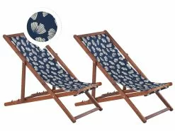 Beliani Tumma Akaasiapuinen Aurinkotuoli Laivastonsinisellä Kukkakuviokankaalla 2 Kpl ANZIO