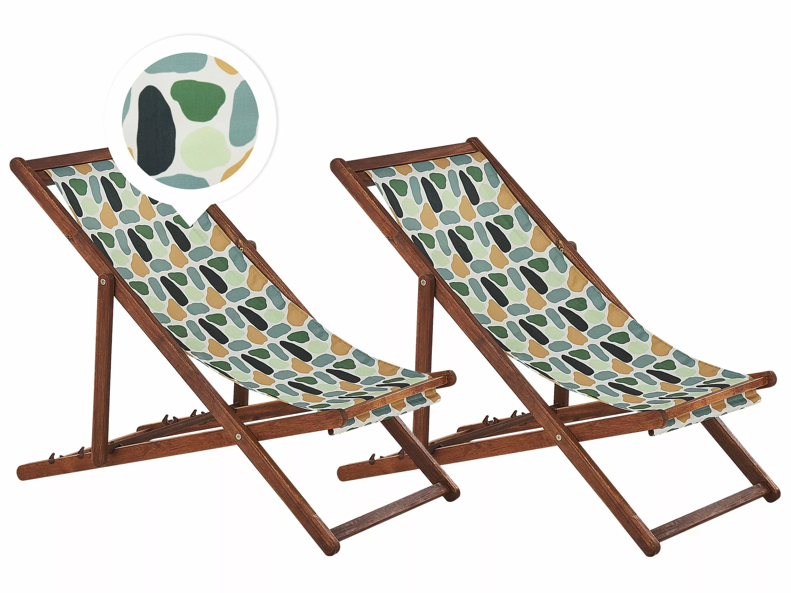 Beliani Tumma Akaasiapuinen Aurinkotuoli Monivärisellä Täpläkuviokankaalla 2 Kpl ANZIO 1 Beliani Tumma Akaasiapuinen Aurinkotuoli Monivärisellä Täpläkuviokankaalla 2 Kpl ANZIO