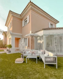 Beliani 4-istuttava Ulkosohvaryhmä Alumiini Vasenk. Valkoinen/ruskea BORELLO -Ulkokalusteet shop undef src sa picid 828304 type whitesh image 1 scaled